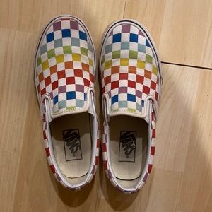 rainbow checkered slip on vans